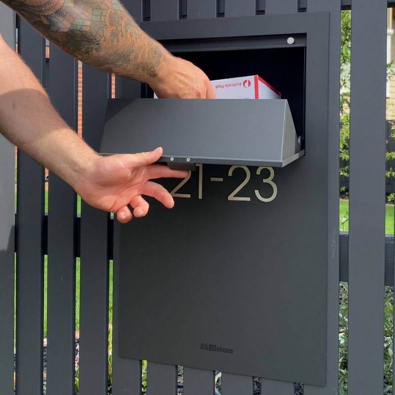 Parcel Mailbox - Front Fence - Inbuilt into Steel or Brick Fence Letterbox - Powered Gates Australia